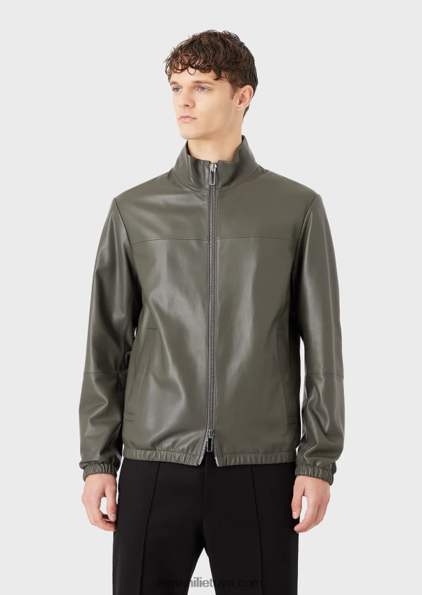 vyrų žalias Armani pusiau anilino nappa ėriuko odos palaidinė su viso ilgio užtrauktuku 02482X1300