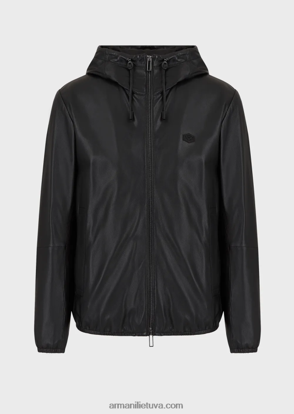 vyrų juodas Armani Pusiau anilino nappa avinėlio palaidinė su gobtuvu su viso ilgio užtrauktuku 02482X1296