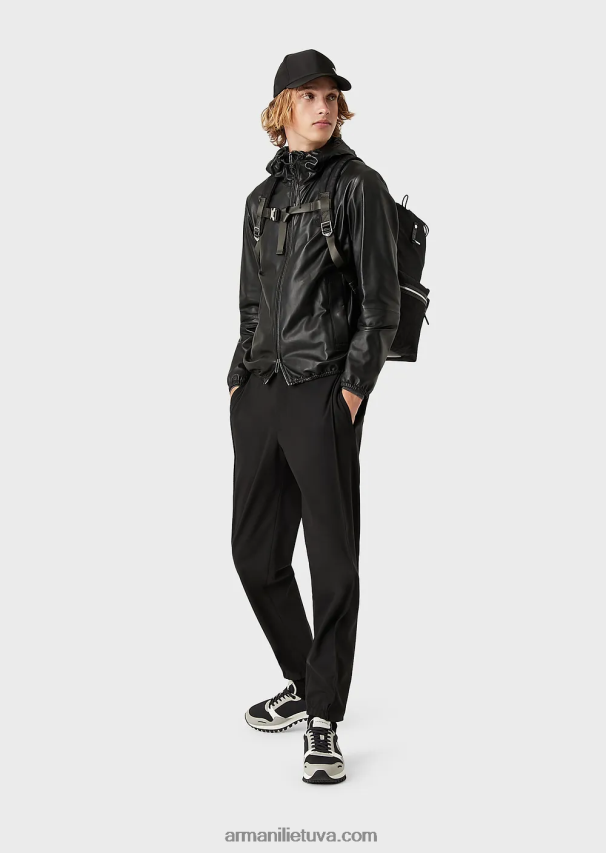 vyrų juodas Armani Pusiau anilino nappa avinėlio palaidinė su gobtuvu su viso ilgio užtrauktuku 02482X1296