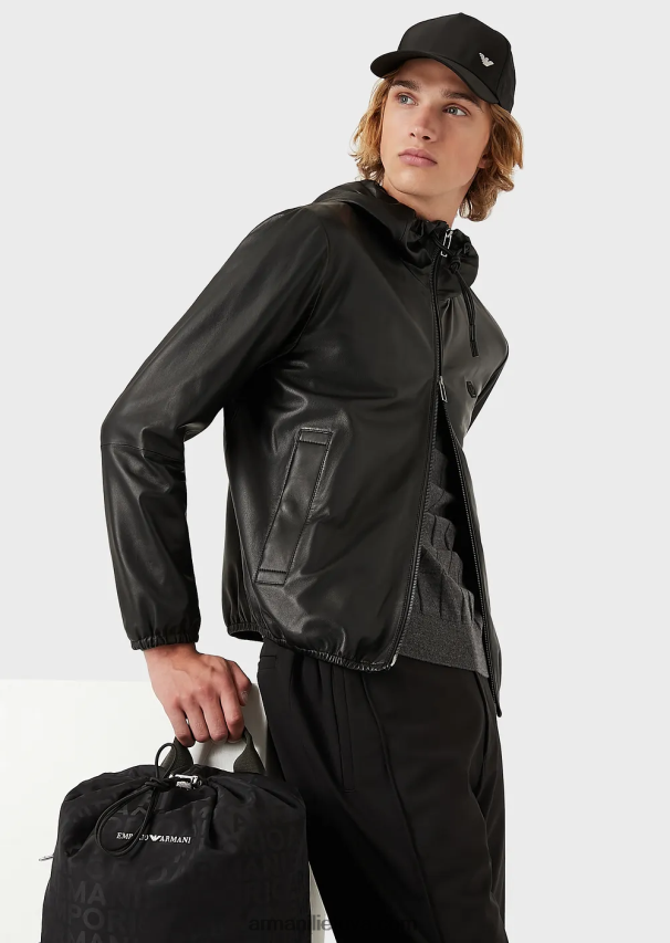 vyrų juodas Armani Pusiau anilino nappa avinėlio palaidinė su gobtuvu su viso ilgio užtrauktuku 02482X1296