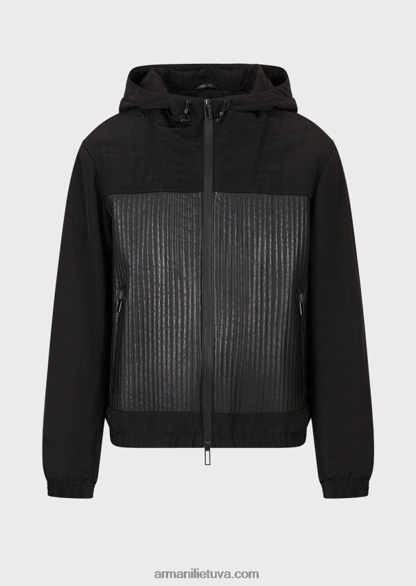 vyrų juodas Armani nappa-ėriuko odos palaidinė su vandeniui atspariais nailono intarpais 02482X1286