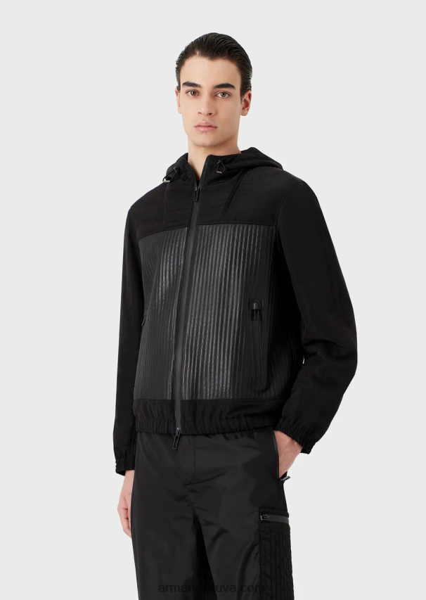 vyrų juodas Armani nappa-ėriuko odos palaidinė su vandeniui atspariais nailono intarpais 02482X1286