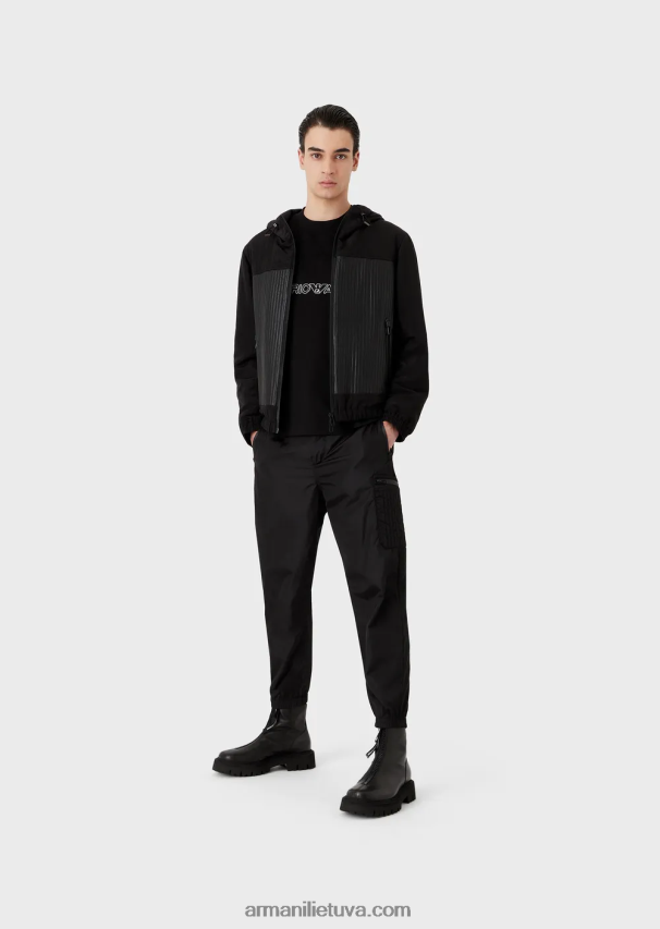 vyrų juodas Armani nappa-ėriuko odos palaidinė su vandeniui atspariais nailono intarpais 02482X1286