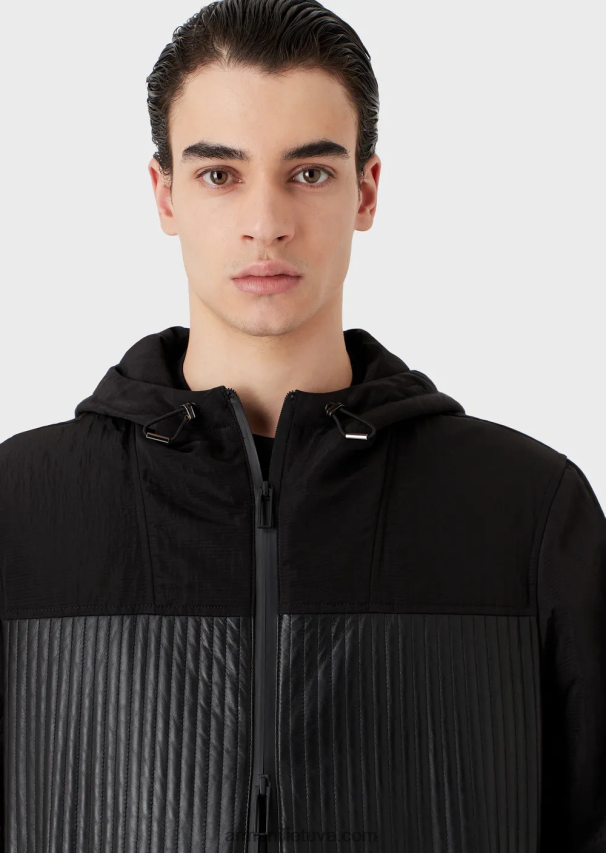 vyrų juodas Armani nappa-ėriuko odos palaidinė su vandeniui atspariais nailono intarpais 02482X1286