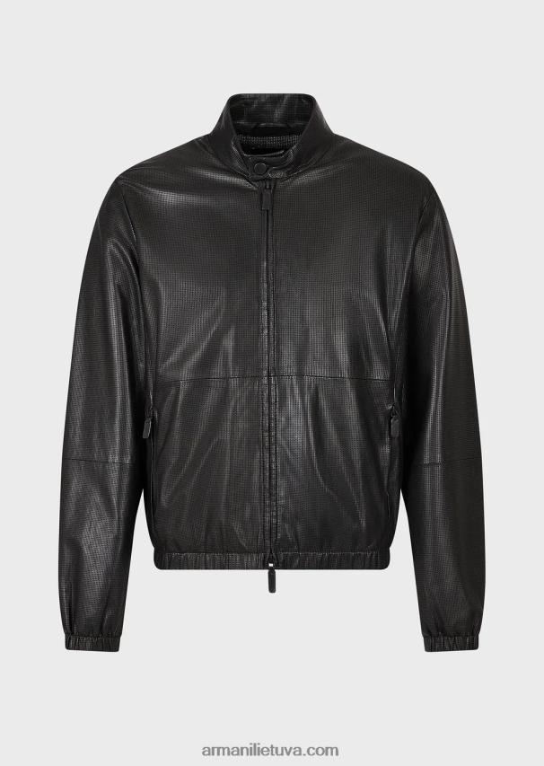 vyrų juodas Armani palaidinė su užtrauktuku iš mikroperforuotos ėriuko odos 02482X1287