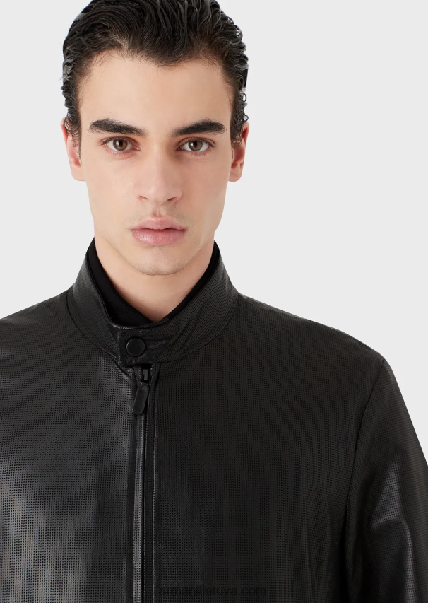 vyrų juodas Armani palaidinė su užtrauktuku iš mikroperforuotos ėriuko odos 02482X1287