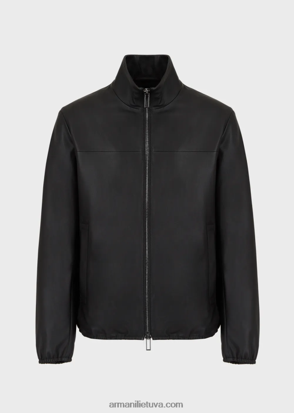 vyrų juodas Armani pusiau anilino nappa ėriuko odos palaidinė su viso ilgio užtrauktuku 02482X1298
