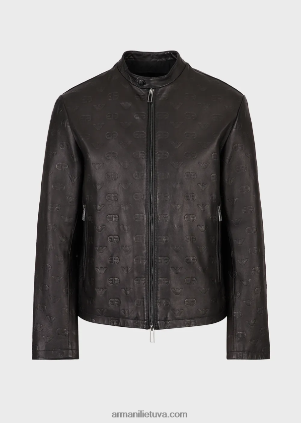 vyrų juodas Armani striukė su užtrauktuku visame paviršiuje su ea logotipu nappa ėriuko oda 02482X1288