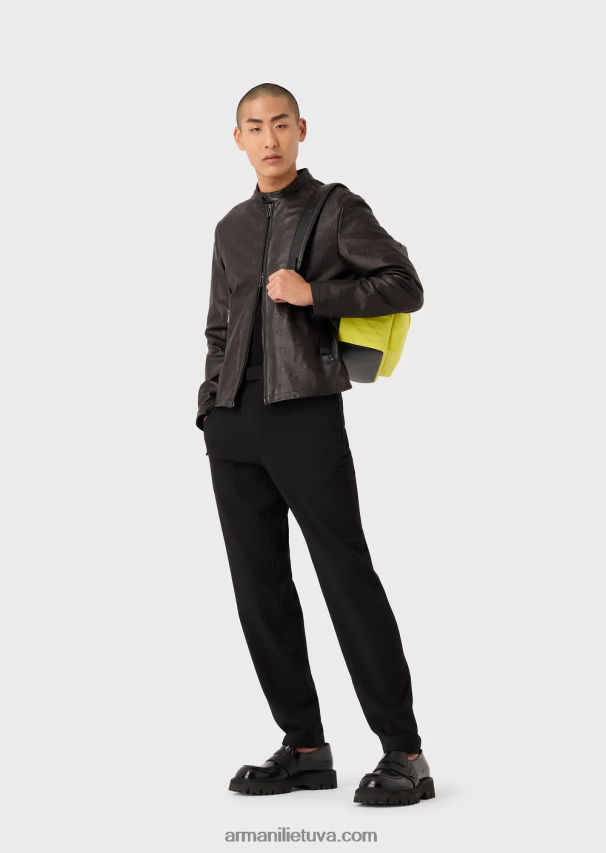 vyrų juodas Armani striukė su užtrauktuku visame paviršiuje su ea logotipu nappa ėriuko oda 02482X1288