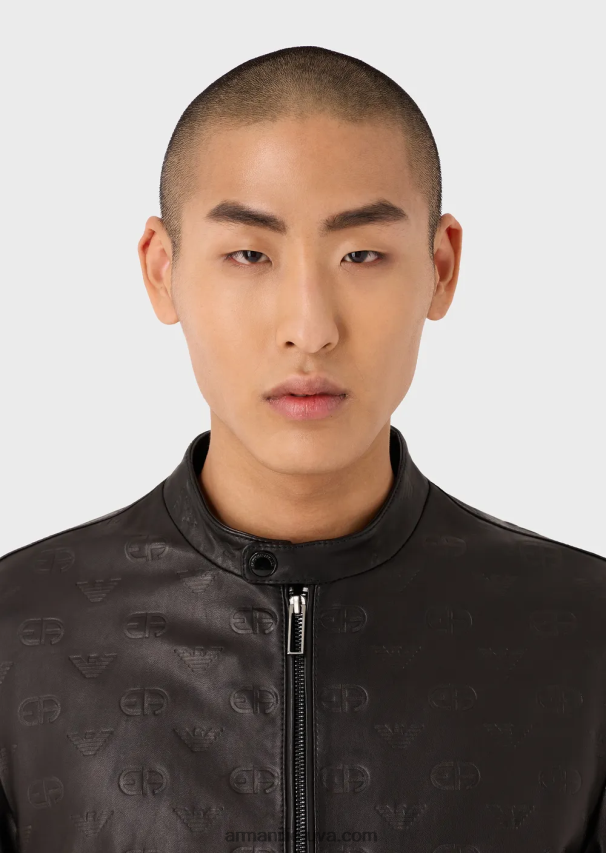 vyrų juodas Armani striukė su užtrauktuku visame paviršiuje su ea logotipu nappa ėriuko oda 02482X1288