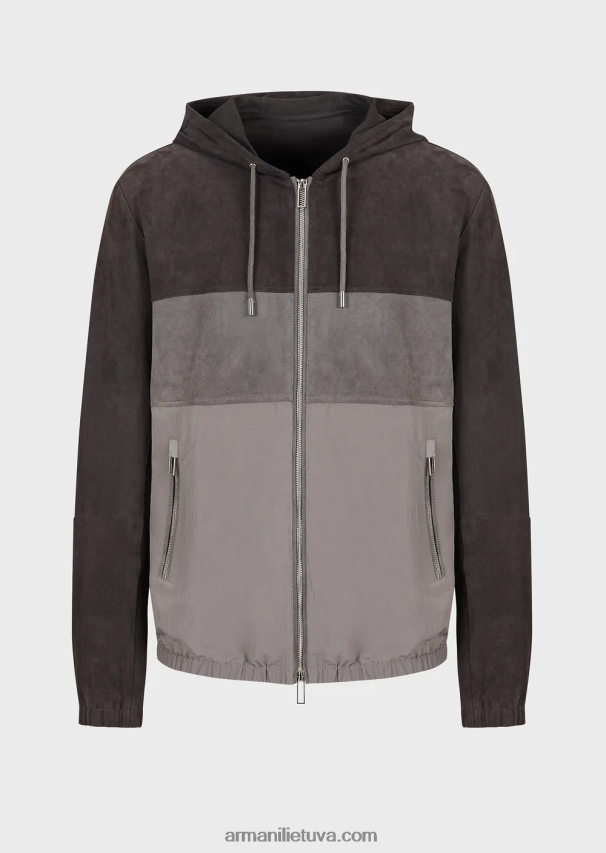 vyrų pilka Armani palaidinė su gobtuvu iš banguoto techninio nailono ir zomšos 02482X1295