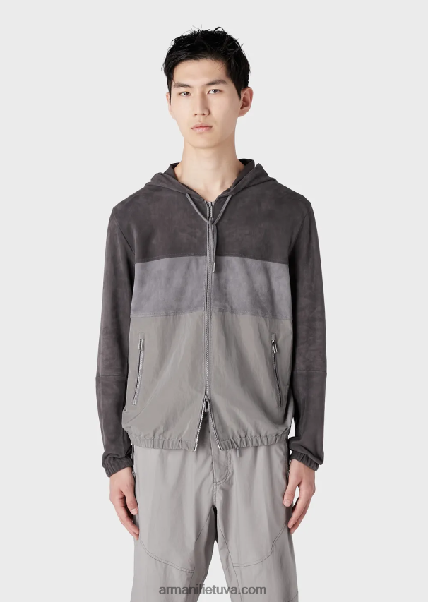 vyrų pilka Armani palaidinė su gobtuvu iš banguoto techninio nailono ir zomšos 02482X1295