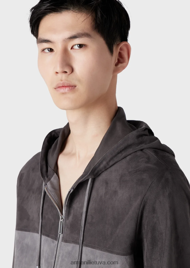 vyrų pilka Armani palaidinė su gobtuvu iš banguoto techninio nailono ir zomšos 02482X1295