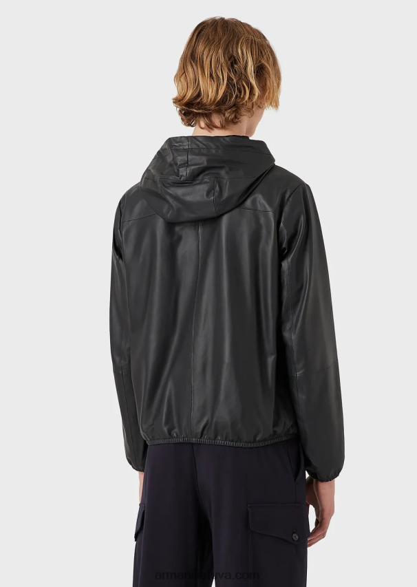 vyrų tamsiai mėlyna Armani Pusiau anilino nappa avinėlio palaidinė su gobtuvu su viso ilgio užtrauktuku 02482X1297