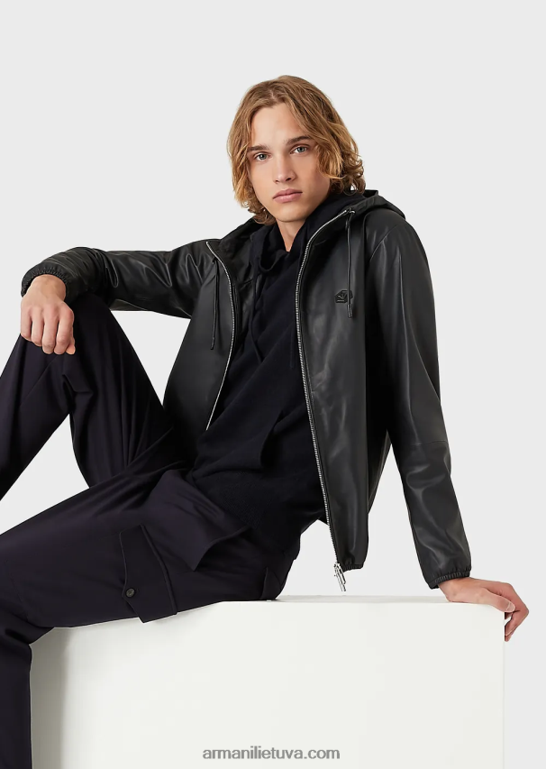 vyrų tamsiai mėlyna Armani Pusiau anilino nappa avinėlio palaidinė su gobtuvu su viso ilgio užtrauktuku 02482X1297