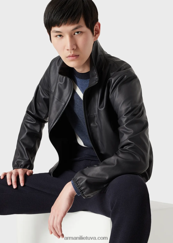 vyrų tamsiai mėlyna Armani pusiau anilino nappa ėriuko odos palaidinė su viso ilgio užtrauktuku 02482X1299