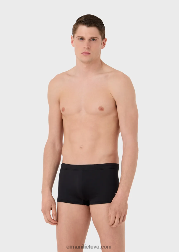 vyrų juodas Armani Maudymosi kostiumėlis iš perdirbto mikropluošto kvadratinių kojų su išsiuvinėtu ereliu 02482X1003