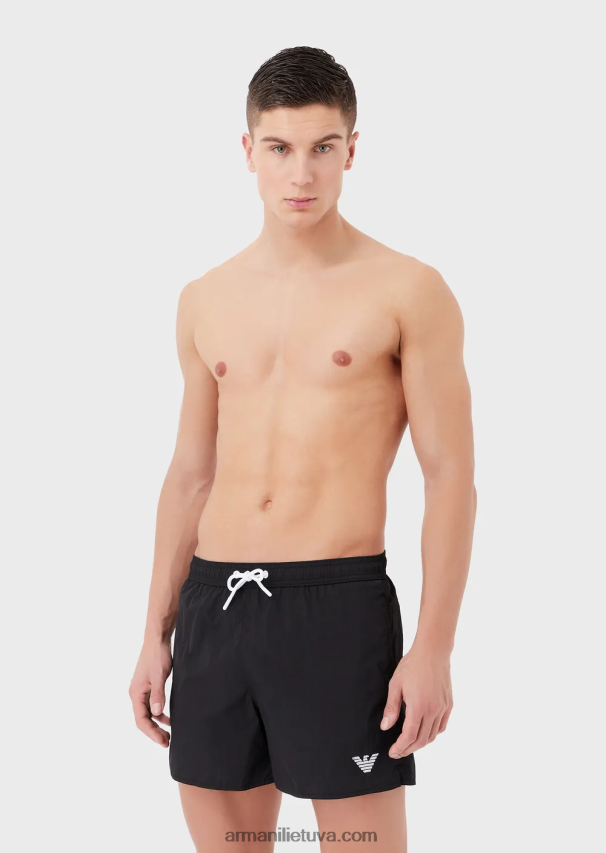vyrų juodas Armani maudymosi šortai su raišteliu ir išsiuvinėtu logotipu 02482X988