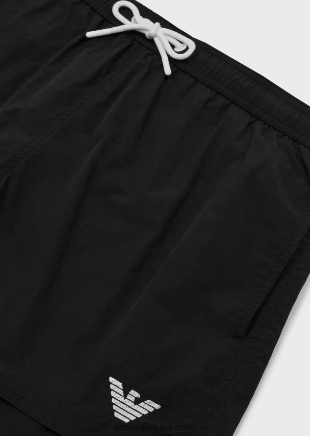 vyrų juodas Armani maudymosi šortai su raišteliu ir išsiuvinėtu logotipu 02482X988