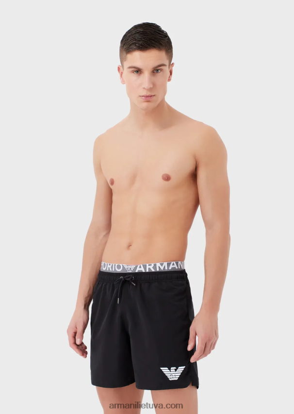 vyrų juodas Armani perdirbto audinio maudymosi kelnaitės su raišteliu ir logotipu 02482X995