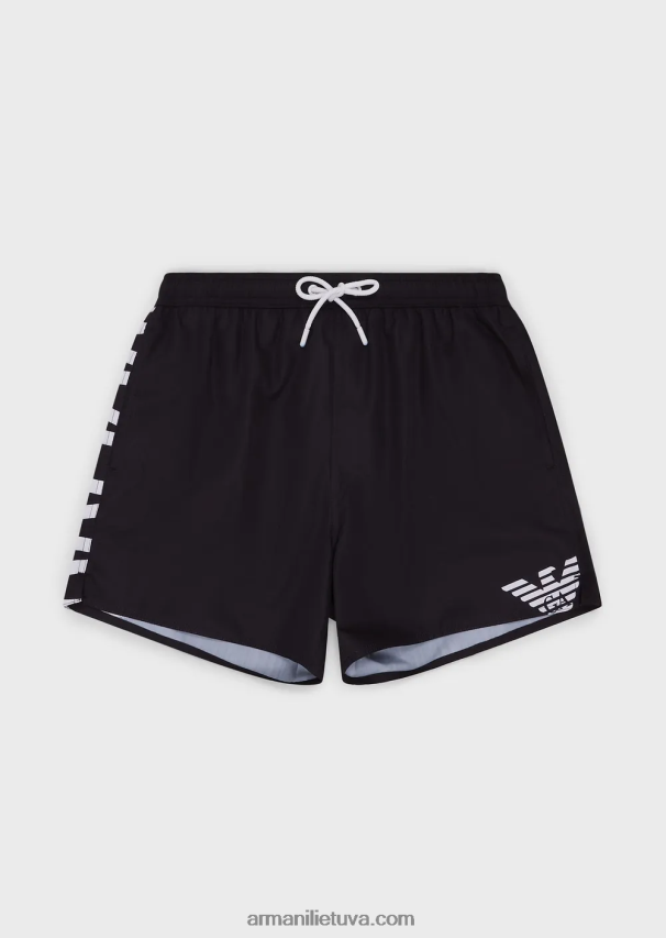 vyrų juodas Armani perdirbto audinio maudymosi kelnaitės su raišteliu ir paryškintu logotipu 02482X999