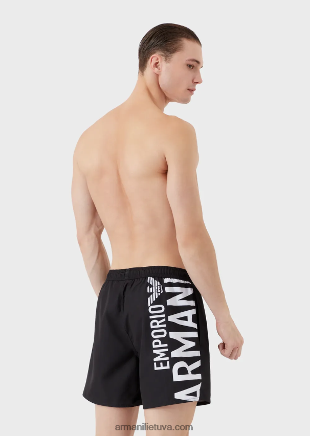 vyrų juodas Armani perdirbto audinio maudymosi kelnaitės su raišteliu ir paryškintu logotipu 02482X999