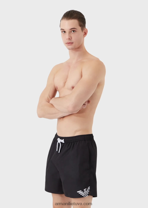 vyrų juodas Armani perdirbto audinio maudymosi kelnaitės su raišteliu ir paryškintu logotipu 02482X999