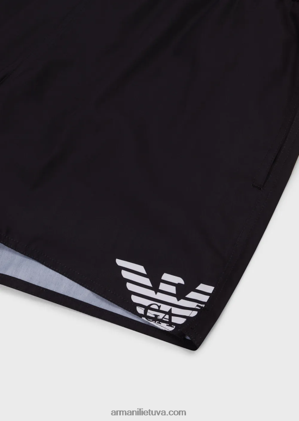 vyrų juodas Armani perdirbto audinio maudymosi kelnaitės su raišteliu ir paryškintu logotipu 02482X999
