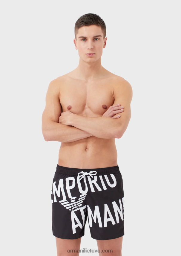 vyrų juodas logotipas Armani perdirbto audinio maudymosi kelnaitės su raišteliu ir paryškintu logotipu 02482X1001