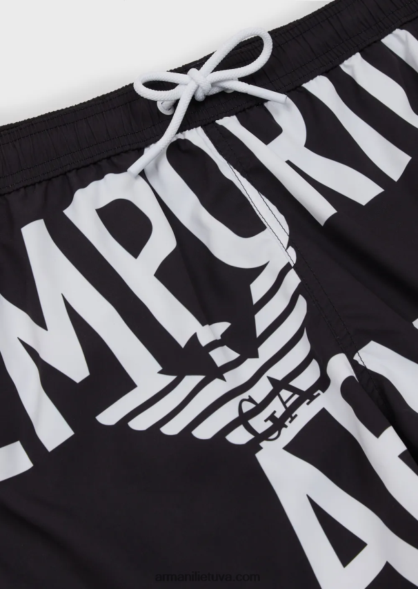 vyrų juodas logotipas Armani perdirbto audinio maudymosi kelnaitės su raišteliu ir paryškintu logotipu 02482X1001