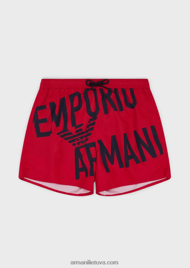 vyrų raudona Armani perdirbto audinio maudymosi kelnaitės su raišteliu ir paryškintu logotipu 02482X1000