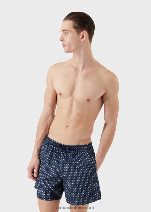 vyrų tamsiai mėlyna Armani maudymosi kelnaitės su raišteliu ir mikro raštu 02482X996