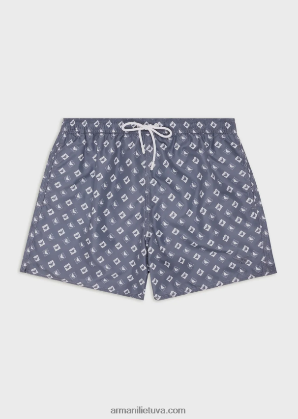 vyrų žydros spalvos Armani maudymosi kelnaitės su raišteliu ir mikročekio raštu su ereliu 02482X985