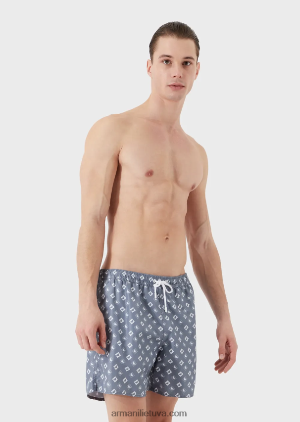 vyrų žydros spalvos Armani maudymosi kelnaitės su raišteliu ir mikročekio raštu su ereliu 02482X985