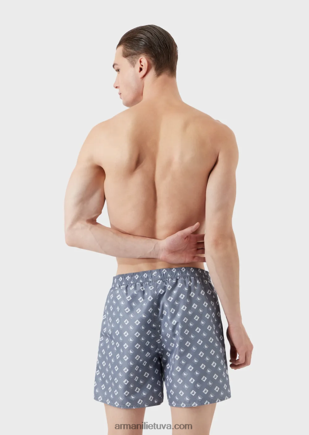 vyrų žydros spalvos Armani maudymosi kelnaitės su raišteliu ir mikročekio raštu su ereliu 02482X985