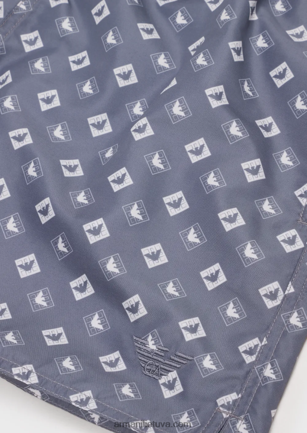 vyrų žydros spalvos Armani maudymosi kelnaitės su raišteliu ir mikročekio raštu su ereliu 02482X985