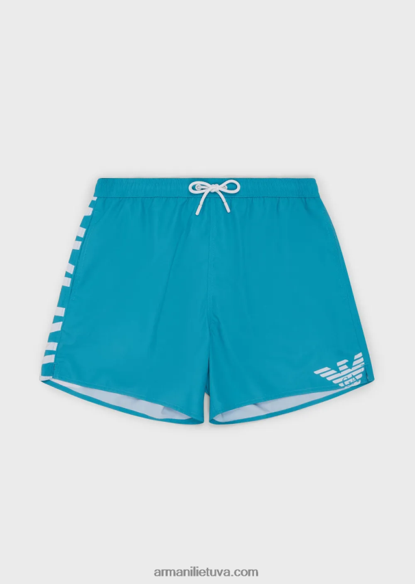 vyrų žydros spalvos Armani perdirbto audinio maudymosi kelnaitės su raišteliu ir paryškintu logotipu 02482X998