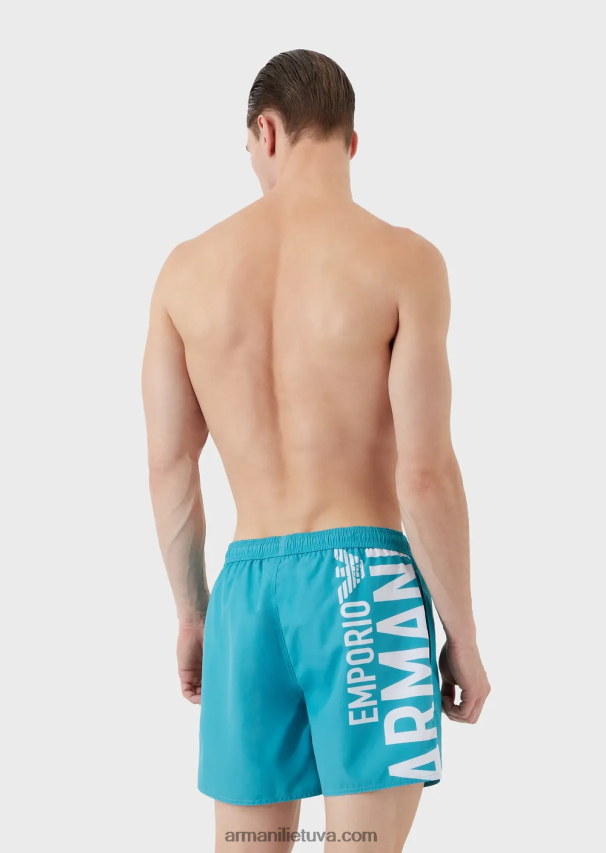 vyrų žydros spalvos Armani perdirbto audinio maudymosi kelnaitės su raišteliu ir paryškintu logotipu 02482X998