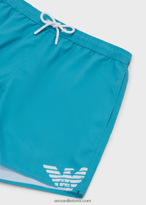 vyrų žydros spalvos Armani perdirbto audinio maudymosi kelnaitės su raišteliu ir paryškintu logotipu 02482X998