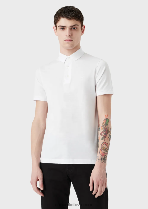 vyrų baltas Armani Tencel-blend trikotažiniai polo marškinėliai su mikro ereliu 02482X1566