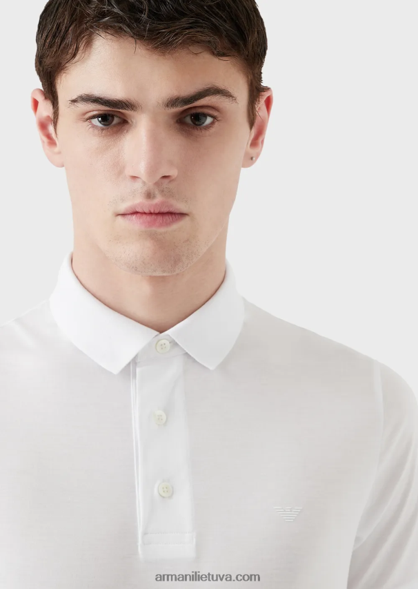 vyrų baltas Armani Tencel-blend trikotažiniai polo marškinėliai su mikro ereliu 02482X1566