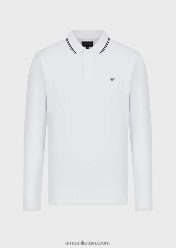 vyrų baltas Armani ilgomis rankovėmis tamprūs polo marškinėliai su mikro erelio siuvinėjimu 02482X1559