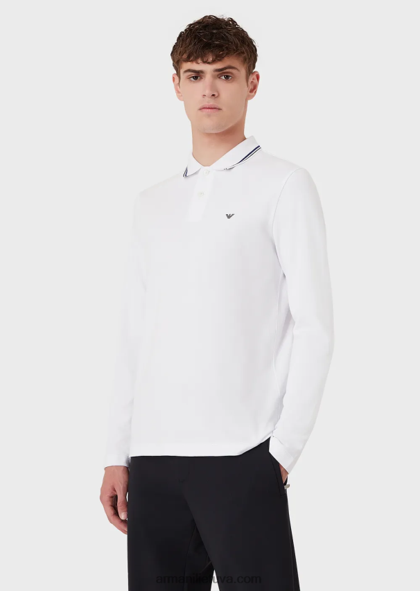 vyrų baltas Armani ilgomis rankovėmis tamprūs polo marškinėliai su mikro erelio siuvinėjimu 02482X1559
