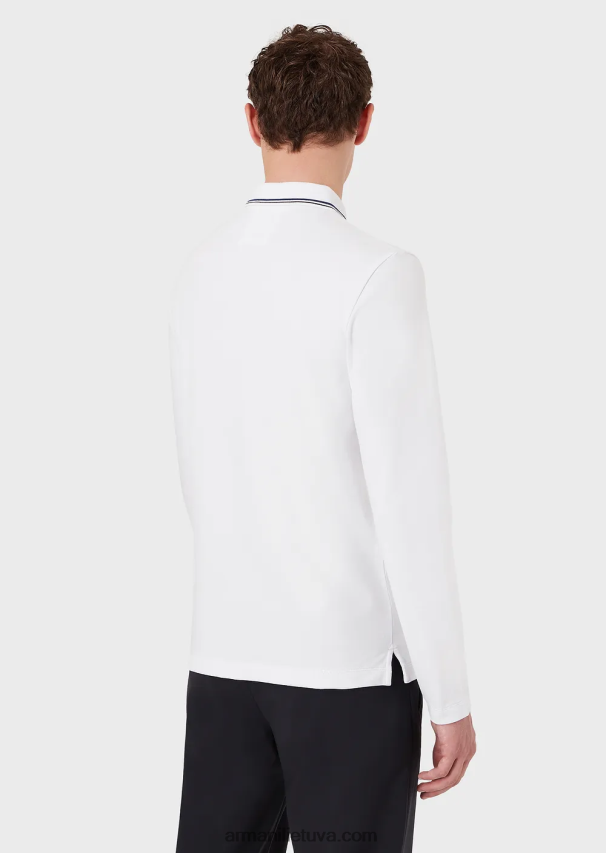 vyrų baltas Armani ilgomis rankovėmis tamprūs polo marškinėliai su mikro erelio siuvinėjimu 02482X1559