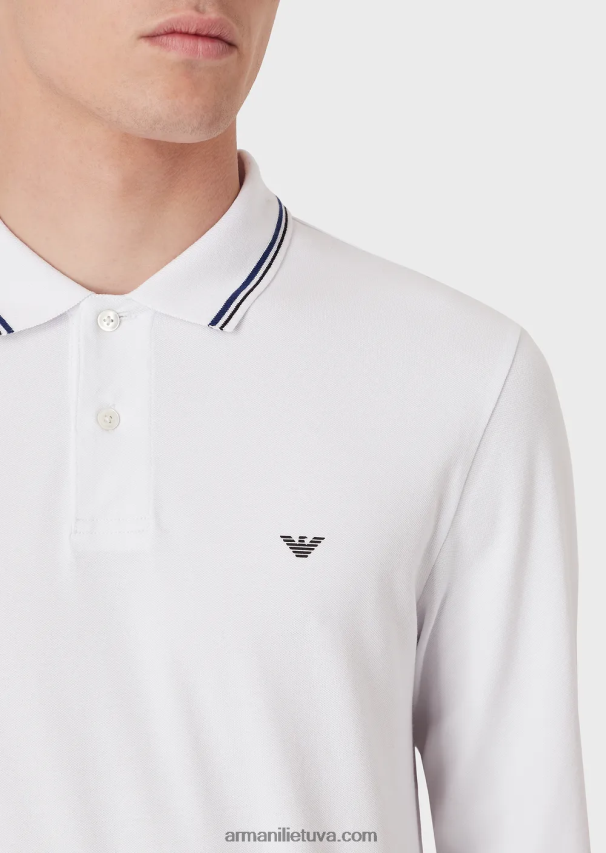 vyrų baltas Armani ilgomis rankovėmis tamprūs polo marškinėliai su mikro erelio siuvinėjimu 02482X1559