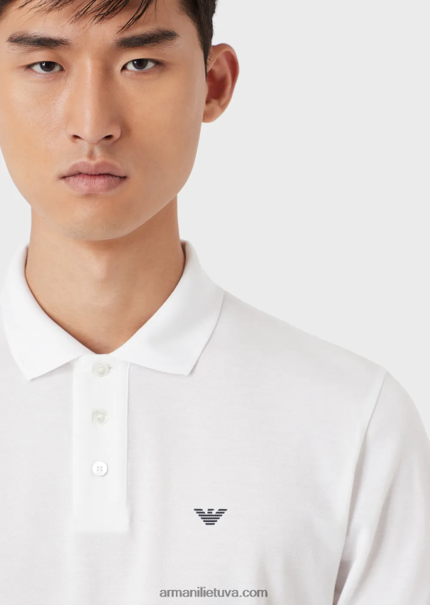 vyrų baltas Armani merserizuoti pique polo marškinėliai su mikro ereliu 02482X1560
