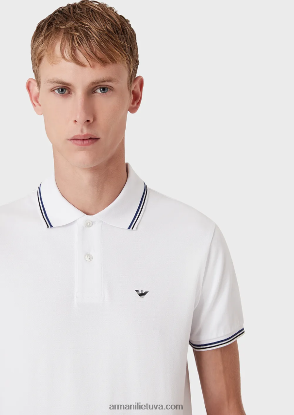 vyrų baltas Armani tamprūs pique polo marškinėliai su mikro ereliu 02482X1548