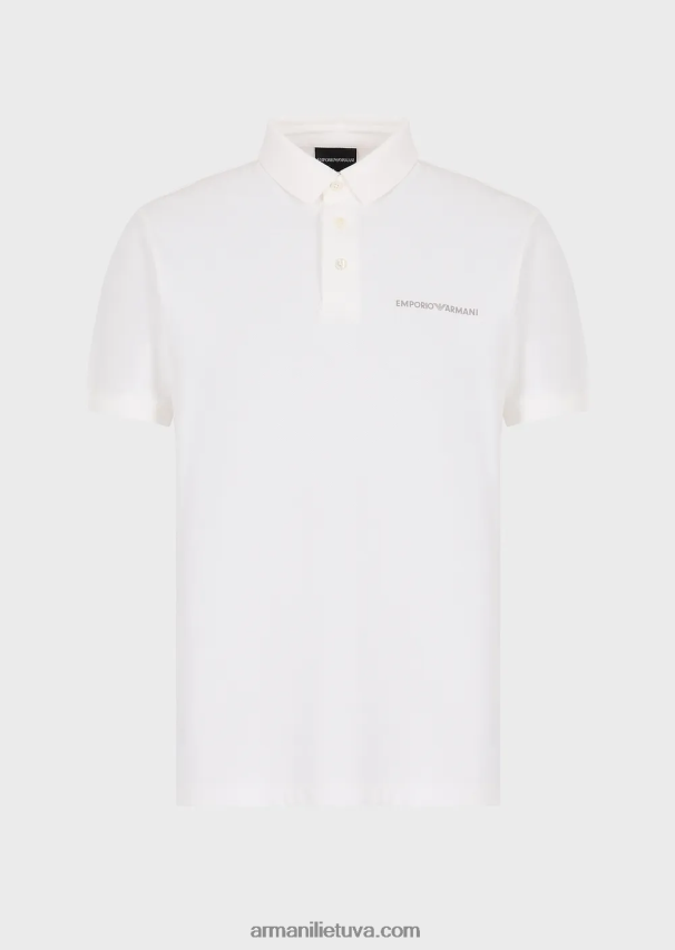 vyrų baltas Armani trikotažiniai polo marškinėliai su dideliais grafiniais raštais ir logotipu 02482X1529