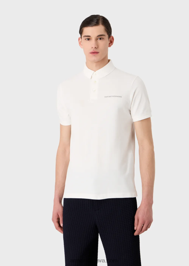vyrų baltas Armani trikotažiniai polo marškinėliai su dideliais grafiniais raštais ir logotipu 02482X1529