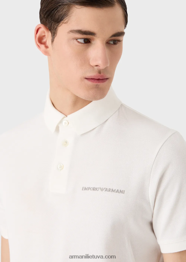 vyrų baltas Armani trikotažiniai polo marškinėliai su dideliais grafiniais raštais ir logotipu 02482X1529